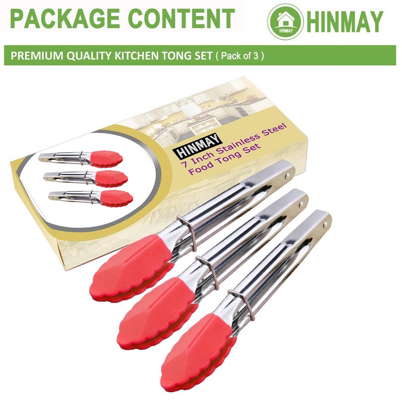 HINMAY Small Tongs with Silicone Tips 7 Inch Kitchen Tongs, Set of 3 (Red) - Image 3